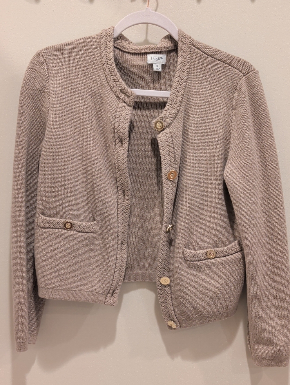 J. Crew Neutral Braided-Trim Knit Cardigan in Beige
